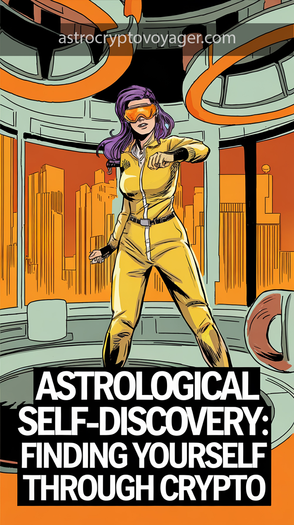 Comic book style, black and white with orange accents: Text on the image: "Astrological Self-Discovery Finding Yourself Through Crypto"